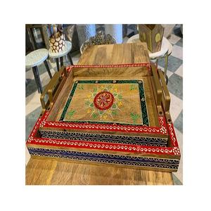 Plateau de service en bois de la plus grande qualité avec poignée en laiton pour servir des aliments, du café, du thé, des fruits et des collations - Product Image 4