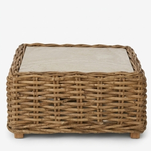 Table basse carrée en rotin naturel tressé avec plateau en pierre de béton, idéale pour la terrasse, décoration artistique pure pour la conception d'intérieur - Product Image 1