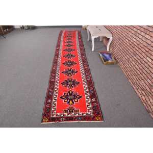 Vintage <b>Runner</b> Rug, 2.5x13.8 ft Turkish Rug, <b>Red</b> Ikat Wool Rug - Product Image 1