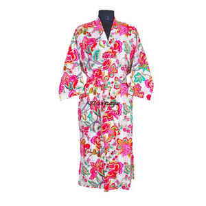 Wholesale Kantha Long Floral Pattern V-neck Drawstring Closure Cotton Kimono Warm Coat <b>Robe</b> for All Sizes Summer Bath Occasion - Product Image 2