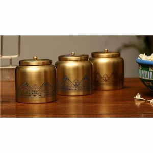 Juego de Mesa de Centro de Almacenamiento de Metal Dorado Martillado a Mano, Mesa Auxiliar de Tambor con Acabado de Latón |   Jarra Decorativa de Almacenamiento de Metal Antiguo - Product Image 6