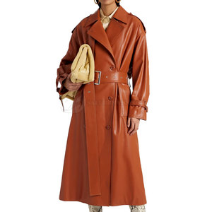 2024 vêtements d'extérieur de luxe personnalisés pour les femmes à manches longues ceinture revers Trench ample respirant noir PU Faux cuir veste - Product Image 2