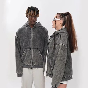 Custom logo high GSM Acid Washing Distress <b>Men</b> Hoodie <b>Zipper</b> <b>Cardigan</b> Hooded Hoodie Fleece Retro Style Loose <b>Men</b> Hoodies - Product Image 2