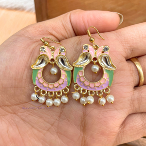 Indian Handmade Bird Pattern Designer Jhumkas Enamel Work With Pearl Beads Drop Dangle Earrings Multicolor Earrings for Women's - Product Image 5
