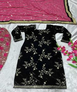 Costume Salwar pour fête de mariage indienne avec dhoti pour femmes en kurta en tissu de coton rose cousu et robe maxi longue - Product Image 4