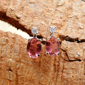 Elegantes pendientes de diamantes de 2 piedras de oro blanco de 14K, 7x5mm, corte ovalado, turmalina rosa, piedras preciosas, tachuelas delicadas, joyería de piedra natal Octaboer - Product Image 2