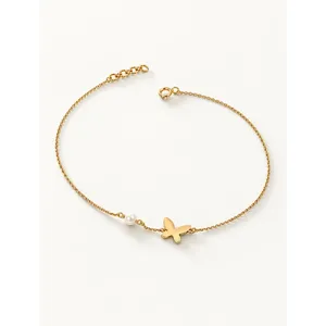 Tobillera de Mariposa Chapada en Oro con Perlas y Diamantes, Cadena de Latón y Conchas, Joyería para Regalos de Fiesta - Product Image 1