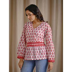 Top Corto Estampado Floral para Mujer, Blanco y Rosa, Algodón Popelina, Estampado a Mano, Logotipo Bordado, Cuello Asimétrico, Tallas XS-XL - Product Image 4