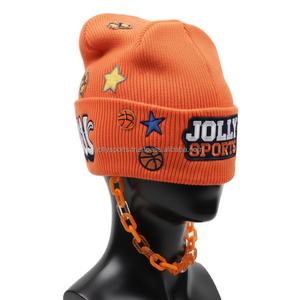 Gorro de Punto para Mujer, 300GSM, Acrílico Suave, Color Naranja, Bordado con Logotipo Personalizado, Correa de Cadena, Gorro de Invierno a la Moda, Gorro Jacquard - Product Image 3