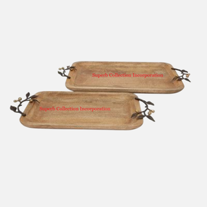 Home Kitchen Countertop Decorative <b>Tray</b> Elegant Wooden Serving <b>Tray</b> With Metal Leaf Design Handle <b>Tea</b> And Coffee Serving <b>Tray</b> - Product Image 3