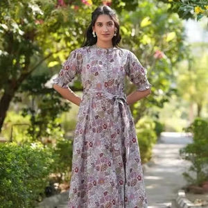 Indian hand block cotton short dress floral printed dress summer <b>wear</b> personalized bride wedding honeymoon dress gift for her - Product Image 1