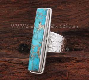 Bague en argent sterling martelé avec pierre druzy bleue en cuivre, ovale, audacieuse, faite à la main, style bohème, pour mariage, fête, bijoux unisexe - Product Image 2