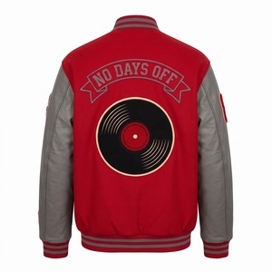 Embroidered Varsity Jacket Drop Shoulder Scarlet Grey Chenille <b>Vinyl</b> Record Patch Leather Sleeve Custom Letterman - Product Image 2