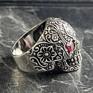 Handmade Mexican Gothic Style <b>Silver</b> Flower Roses Skull Jewelry Biker Engraved <b>Ring</b> Floral Gothic <b>Set</b> Gift for Bikers - Product Image 5