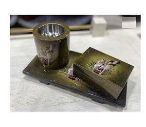 Artisanat de qualité, plateau de service à dessert en bois d'acacia brun avec incrustation de nacre, ensemble de 3 pièces, pot en acrylique, 35x35x1,5 cm, certifié EPCH - Product Image 6