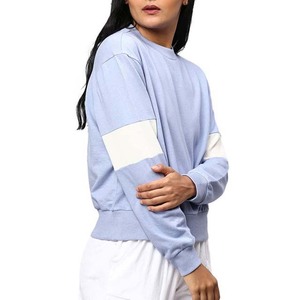 Sweat-shirt à col rond pour femme, couleur bleu clair, à blocs de couleurs, manches longues, tricoté en coton et fibre de bambou, décontracté, pour l'automne - Product Image 3