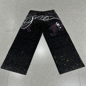 กางเกงขายาวทรงแบ็กกี้ ดีไซน์ดั้งเดิม คุณภาพสูง ผลิตโดยผู้ผลิต OEM เสื้อผ้าสตรีทแวร์ ประดับคริสตัลสีดำ กางเกงแบ็กกี้ประดับคริสตัล - Product Image 2