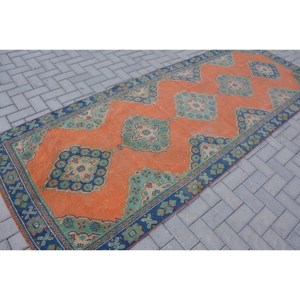 Tapis turc vintage de grande surface 3.8ft X 10.7ft classique Orange bleu Style laine latex pour couloir chambre Rectangle Patchwork - Product Image 2