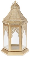 Farol de Metal Dorado Premium con Paneles de Vidrio, Diseño Marroquí Tallado, Elegante Portavelas para Decoración Festiva de Lujo para el Hogar