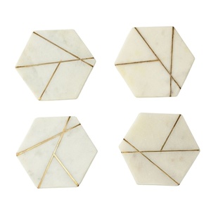 Hexa Brass Inlay White & Gold Marble <b>Set</b> of Table <b>Coaster</b> Personalized Marble Drink <b>Coaster</b> Marble Pattern & Metal - Product Image 1