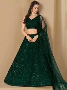 Lehenga Choli élégant vert bouteille en polyester Georgette, longueur ras du sol, séchage rapide, broderie de sequins Resham, style Bollywood pour les fêtes - Product Image 5