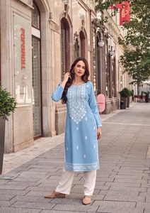 Calidad de exportación India Estilo moderno Pure Rayon Viscos Kurti Pant & Dupatta con Lakhnawi Stitch Work Compras en línea India - Product Image 4