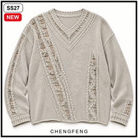 Pull col en V pour homme SS27 – Haut en maille ajourée au crochet effet échelle, coupe décontractée et oversize, style streetwear – Vente en gros fabricant