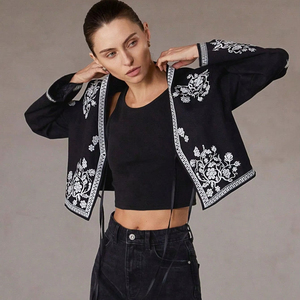 Dark Black Embroidered Womens Coat Winter <b>Jacket</b> with Floral <b>Pattern</b> and Button Decoration Woven Cotton Fabric Autumn Wear - Product Image 1