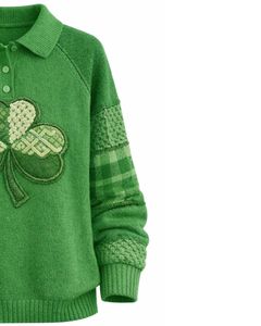 Suéter de Punto con Cuello Polo y Bordado de Trébol para Mujer, Verde, Manga Larga, Suave, Informal, para Invierno, Venta al por Mayor, Ropa de Moda - Product Image 3