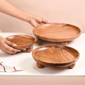 Plateau de service rond en bois Lot de 3 plateaux à fruits à pieds Plateaux de service en bois décoratifs pour apéritifs Fruits et desserts - Product Image 3