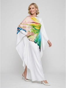 Vestido de Noche Largo para Mujer, Estampado de Mariposas Pintado a Mano, Satén, Manga Larga, Cuello Alto, Antiarrugas, Corte en A - Product Image 5