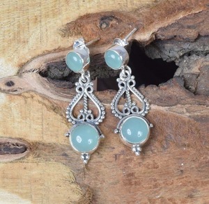 Joyería de plata fina hecha a mano, pendientes clásicos para niñas, Calcedonia acuática, Plata de Ley 925 sólida, piedras preciosas naturales, joyería de sello 925 - Product Image 4