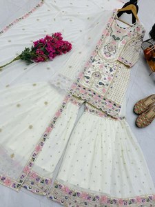 100% mejor calidad buen precio Faux Georgette tela bordado trabajo Salwar & Plazzo con borde de encaje Dupatta conjunto de Surat - Product Image 6