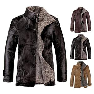 Automne hiver hommes manteau couleur unie en peluche Faux cuir affaires veste col rabattu simple boutonnage vêtements d'extérieur pour un usage quotidien - Product Image 1