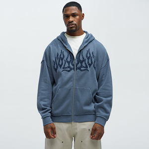 Suministro a granel de Sudadera con capucha de lavado ácido desgastado con diamantes de imitación Vintage de gran tamaño para hombre Sudadera con cremallera Streetwear estilo chaqueta con capucha - Product Image 1