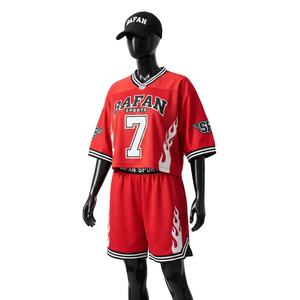 Conjunto de Pantalones Cortos de Fútbol para Mujer, Premium, 180 GSM, Malla de Poliéster Transpirable, Diseño de Paneles Rojos y Blancos, Logotipo Personalizado, Conjuntos para Mujer 100% Algodón - Product Image 1