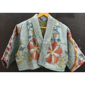 Women's Soft <b>Blue</b> Velvet Short-Sleeved Top with Hand Embroidery and Cotton <b>Material</b> Elegant Jacket Design - Product Image 1