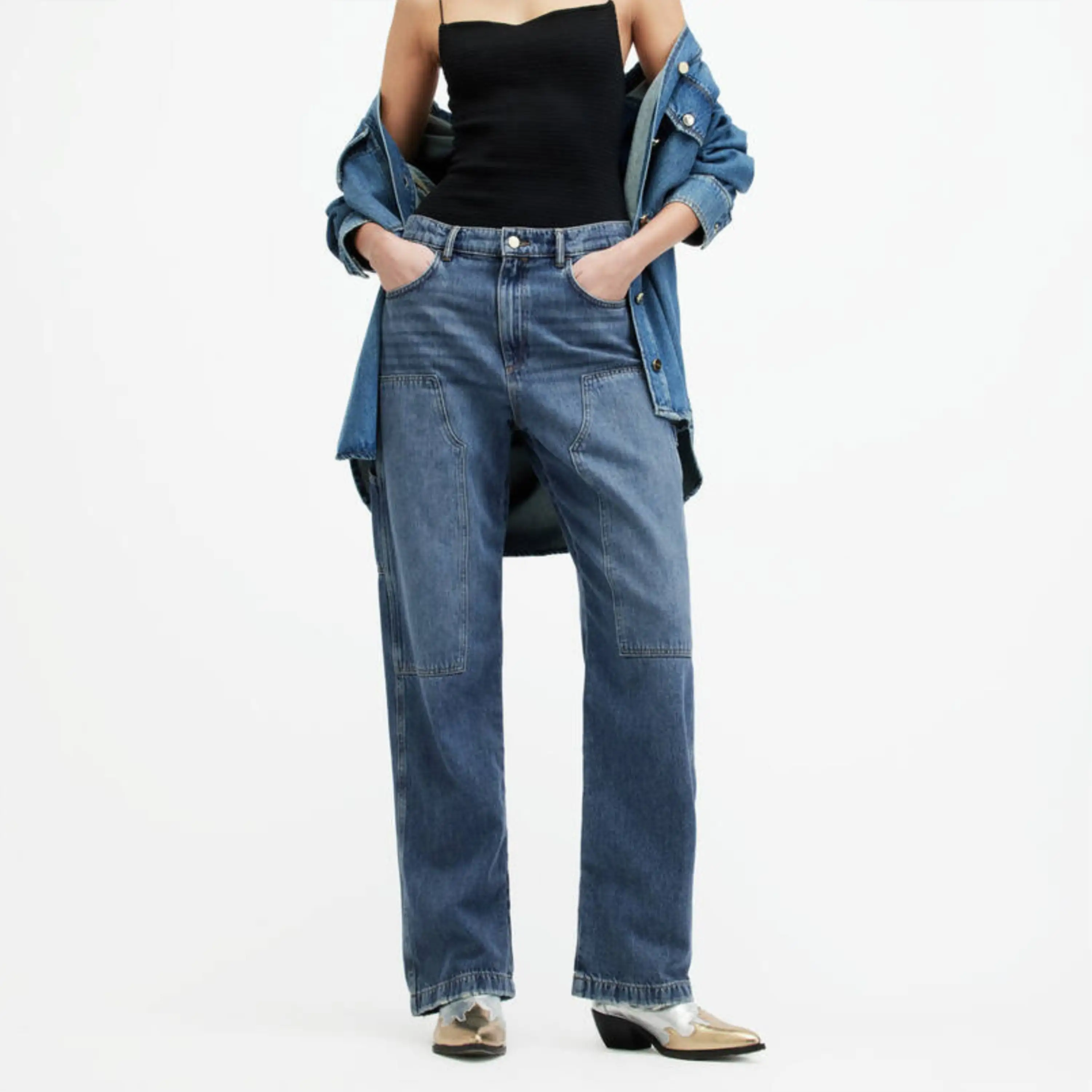Premium kalite kadın geniş bacak Denim kot pantolon moda tasarım fermuar Fly Denim kot kadınlar için ihracat ucuz fiyat