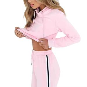 Ensemble de survêtement pour femmes de haute qualité, en coton personnalisé, décontracté, simple, extensible, avec fermeture éclair, sweat-shirt à capuche et pantalon droit - Product Image 2