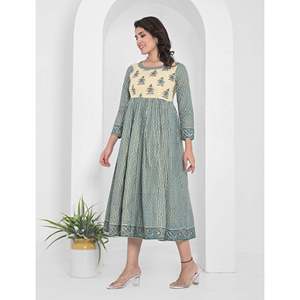Vestido Anarkali de Algodón con Estampado de Bloques Verde Mar, Diseño Americano Largo - Product Image 5