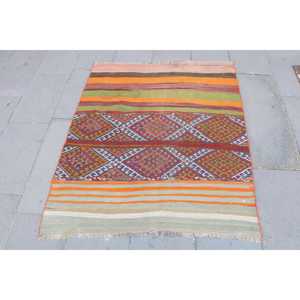 พรมวินเทจตุรกี ขนาด 3.5x4.2 ฟุต (106x129 ซม.) พรมคิลิมขอบสีส้ม - Product Image 1