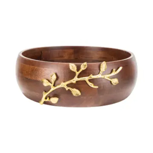 Cuenco de madera lujoso, ensaladera de madera de acacia pulida, diseño exterior de aluminio niquelado con acabado dorado para bodas, uso doméstico - Product Image 3