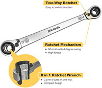 Llave de Trinquete Reversible 8 en 1 de 90 Dientes, Doble Extremo, Métrica, OEM, Acero al Cromo Vanadio HRC46-50, Acabado Espejo, Mango Recto