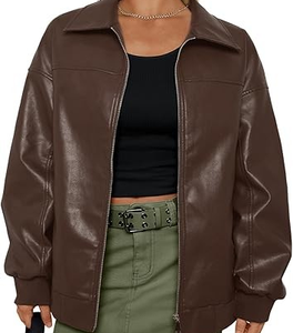Femmes peau de mouton cuir surdimensionné fermeture éclair Faux moto Bomber veste respirant hiver manteau automne à la mode tenue de mode - Product Image 5