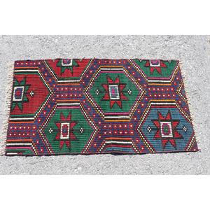 Tapis turc, petit tapis vintage 2,1x3,7 pieds, tapis Kilim patchwork rouge et bleu - Product Image 3