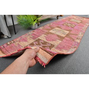 Vintage Turkish Kilim Rug 2.9 X 11ft Pink <b>Brown</b> Patchwork Design Flat Weave <b>Wool</b> with Latex Backing for Hallway Rectangle Space - Product Image 3