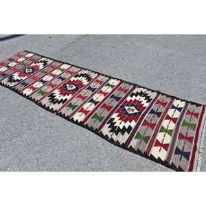 Alfombra Turca Vintage de Lana Ecológica de Pelo Medio, Roja y Blanca, Estilo Tradicional, Gran Tamaño 3 x 10.2 pies, Diseño de Patchwork, Látex - Product Image 2