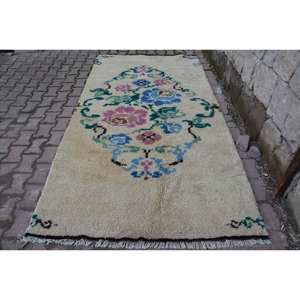 Traditional Beige Blue Vintage Turkish Rug 4.8 X 9.1ft Patchwork Pattern Wool Viscose Material 10mm Thickness Latex for Living - Product Image 1