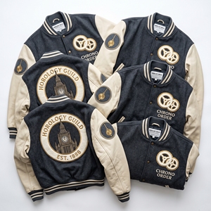 Veste universitaire en gros avec manches en cuir, broderie roue de moulin à eau en laine et patch grain de pagaie - Product Image 6