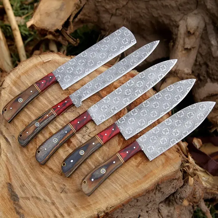 High Quality Hand Made J2 Steel Chef Sets Factory Direct Supply Hot Selling J2 Steel Engraved Chef Knife 5 Pcs Set